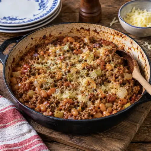 Wildwest gehaktpannetje met witte bonen in tomatensaus, ui en mosterd