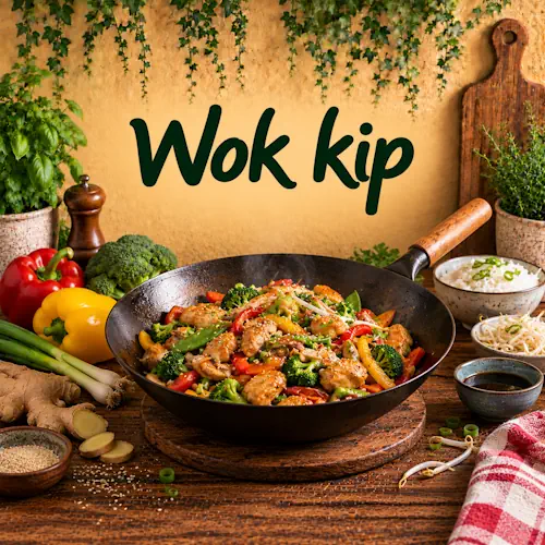 Wokgerecht met kip, broccoli, paprika, wortel, peultjes, taugé, bosui, gember en sesam met rijst en woksaus op een rustieke houten tafel
