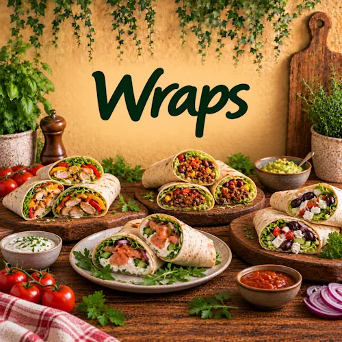 Verschillende wraps met kip, groenten, bonen, zalm, roomkaas, feta en salade met guacamole en verschillende sauzen op een rustieke houten tafel
