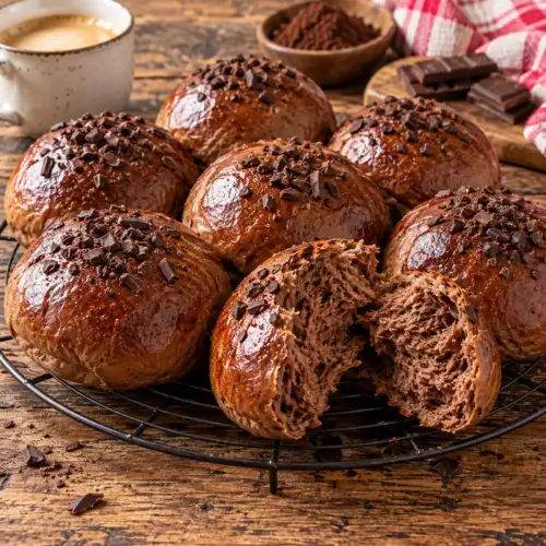 Zachte cacaobroodjes van gistdeeg met cacao bereid met deeg uit de broodbakmachine