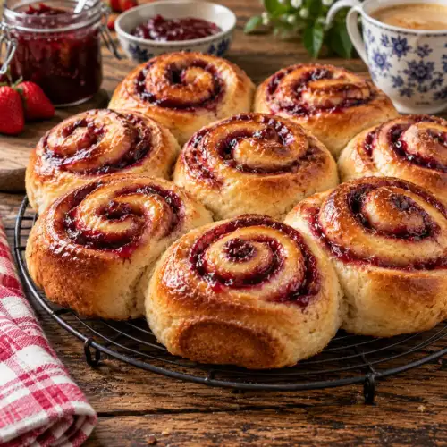 Zachte jamrolbroodjes van luchtig gistdeeg met een fruitige jamvulling