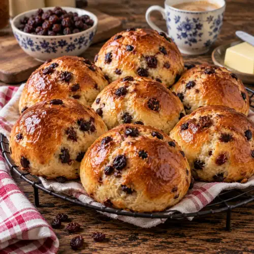 Zachte zelfgebakken krentenbollen met een goudbruine korst en rijkelijk krenten door het brood