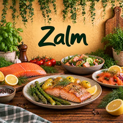 Verschillende zalmgerechten met gebakken zalm, gerookte zalm en zalmsalade met asperges, aardappelen, groenten, citroen en verse kruiden op een rustieke houten tafel