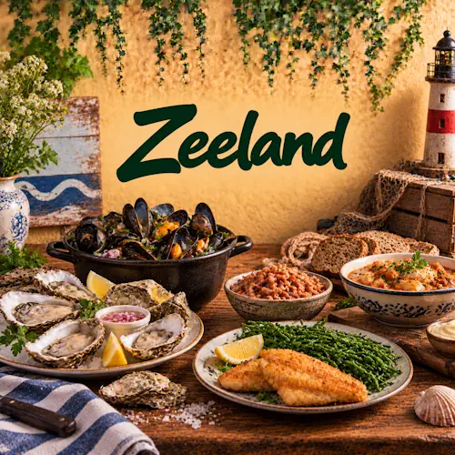 Zeeuwse gerechten met mosselen, oesters, vis, garnalen, zeekraal, brood en andere streekproducten op een rustieke houten tafel
