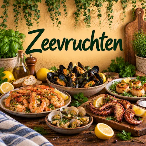 Verschillende zeevruchten zoals mosselen, garnalen, coquilles, octopus en venusschelpen met citroen, knoflook en verse kruiden op een rustieke houten tafel