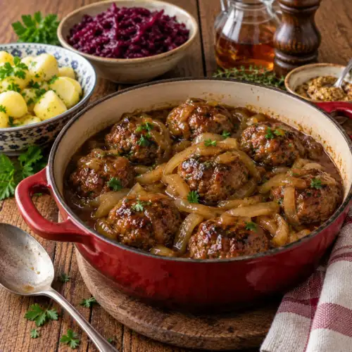 Zoetzure rundergehaktballen met gebakken ui in een saus van bruine suiker, mosterd en azijn