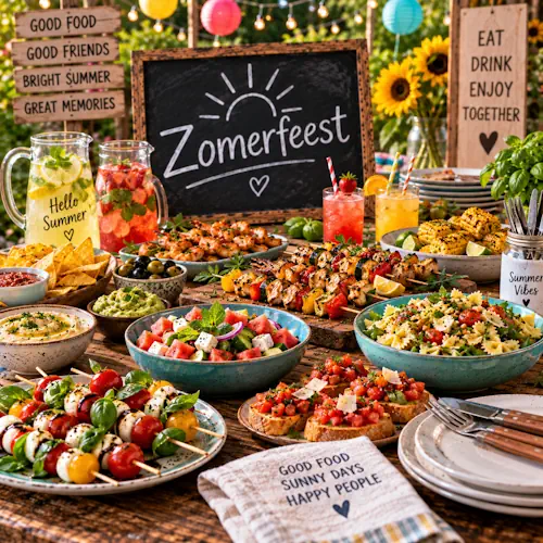 Feestelijke zomertafel met gegrilde spiesen, garnalen, maïs, pastasalade, watermeloensalade, bruschetta, capresehapjes, dips, nacho's en frisse drankjes
