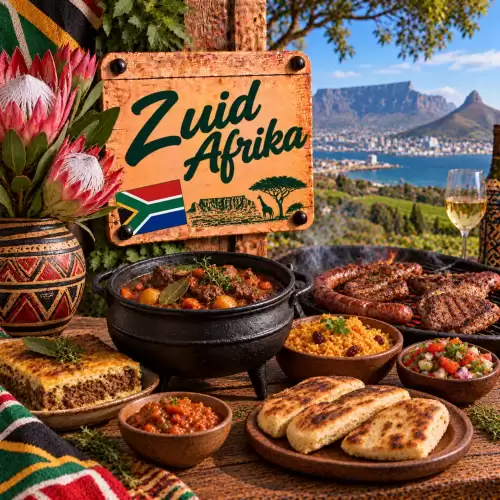 Zuid-Afrikaanse recepten met braaivlees, boerewors, potjiekos, bobotie, rijst, roosterkoek, groenten en traditionele gerechten op een rustieke houten tafel