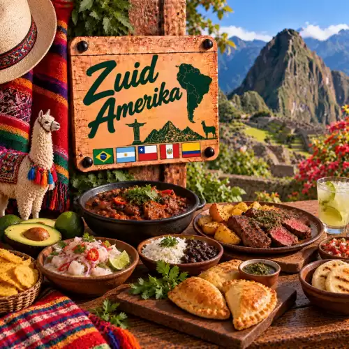 Zuid-Amerikaanse recepten met gegrild vlees, ceviche, empanada's, rijst, bonen, maïs, bakbanaan en traditionele gerechten op een rustieke houten tafel