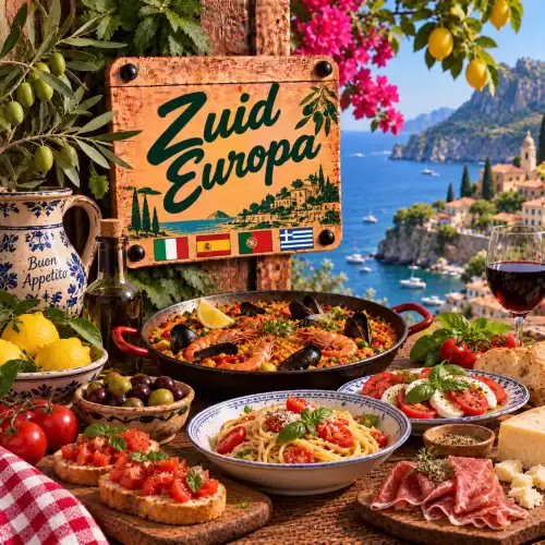 Zuid-Europese recepten met paella, pasta, tomaten, mozzarella, olijven, brood, vleeswaren, kaas en mediterrane gerechten op een rustieke houten tafel