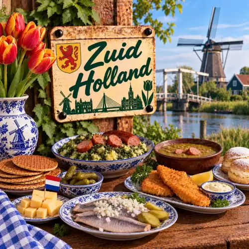 Zuid-Hollandse recepten met haring, gebakken vis, kaas, stamppot, erwtensoep, stroopwafels en traditionele streekgerechten op een rustieke houten tafel