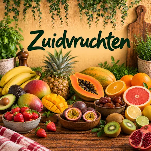 Verschillende zuidvruchten zoals ananas, mango, banaan, papaja, passievrucht, avocado, citrusvruchten, kiwi, dadels en granaatappel op een rustieke houten tafel