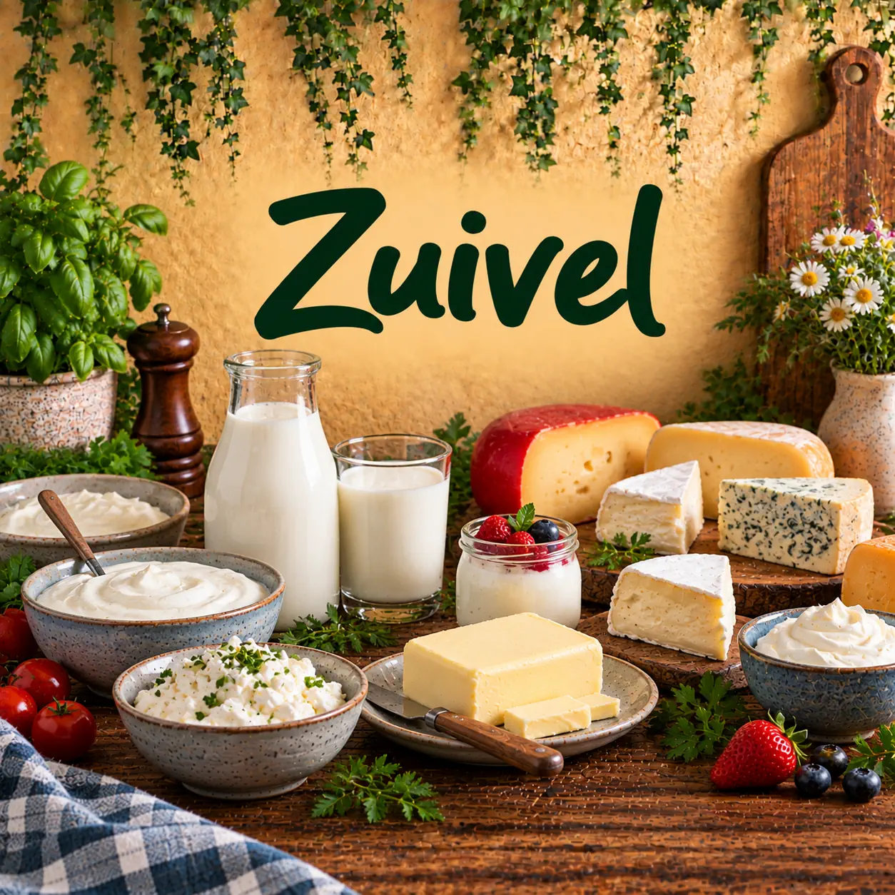 Verschillende zuivelproducten zoals melk, yoghurt, kwark, boter, room en diverse soorten kaas op een rustieke houten tafel