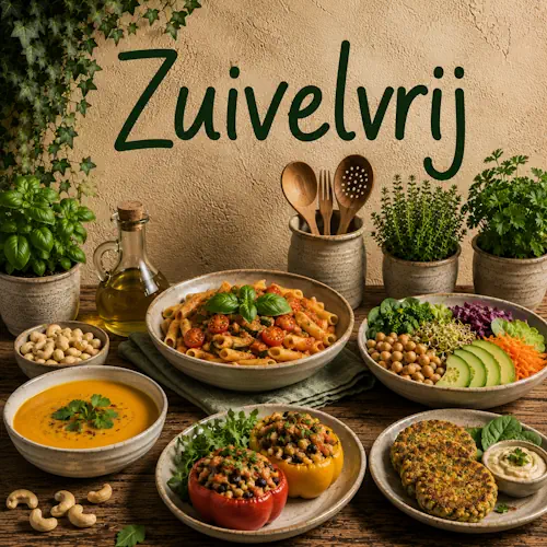 Zuivelvrije gerechten met groenten, pasta, peulvruchten, romige soep, gevulde paprika en plantaardige alternatieven op een rustieke houten tafel