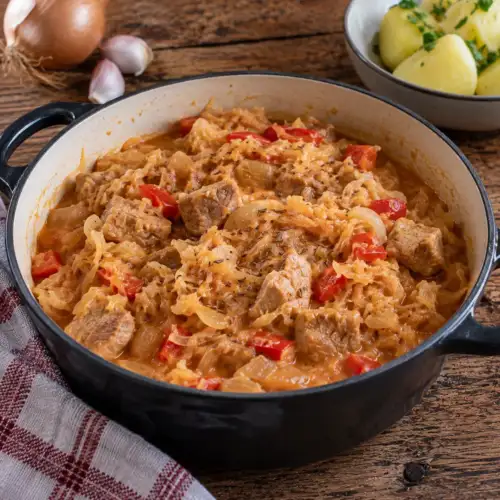 Zuurkoolgoulash met gestoofd varkensvlees, paprika, komijn en romige saus