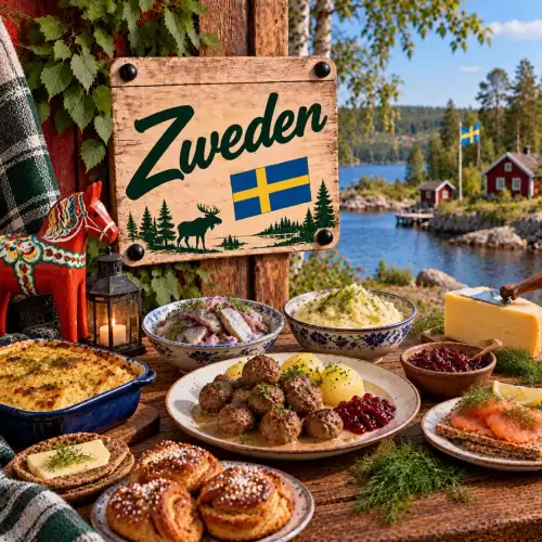 Zweedse recepten met gehaktballetjes, aardappelen, haring, zalm, knäckebröd, kaas, lingonbessen en kaneelbroodjes op een rustieke houten tafel