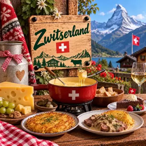 Zwitserse recepten met kaasfondue, rösti, vleesgerechten, brood, kaas, aardappelen en traditionele gerechten op een rustieke houten tafel