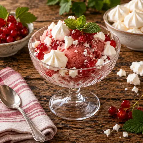 Aalbessensorbet met rode aalbessen, meringue, yoghurt, slagroom en bessensap
