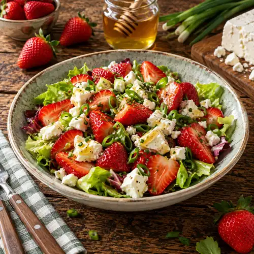 Aardbeiensalade met gemengde sla, romige kaas, bieslook en honingdressing