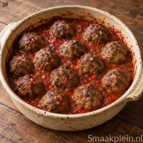 Airfryer gehaktballetjes van rundergehakt met kruiden in warme tomatensaus