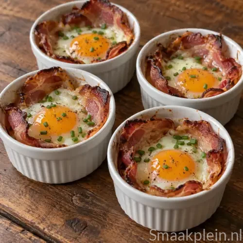 Airfryer ramekins met gebakken ei, krokante bacon en verse bieslook