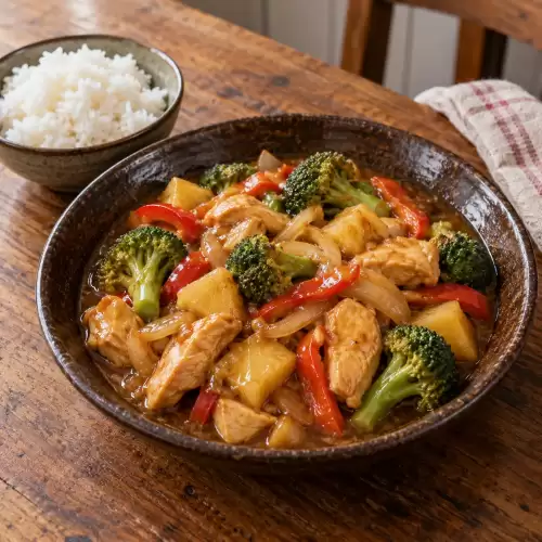 Ajam Nickerie met kip, ananas, broccoli, paprika en rijst.