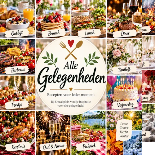 Overzicht van recepten voor verschillende gelegenheden met ontbijt, brunch, lunch, diner, barbecue, bruiloft, verjaardag, feestjes, Kerstmis, Oud en Nieuw en picknick