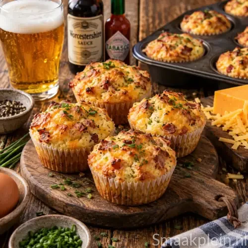 Amerikaanse bier-kaasfondue met cheddar en ei geserveerd op opengesneden Engelse muffins