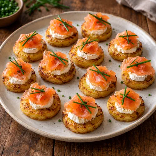 Krokant gebakken aardappelschijfjes met geitenkaas, gerookte zalm en bieslook.