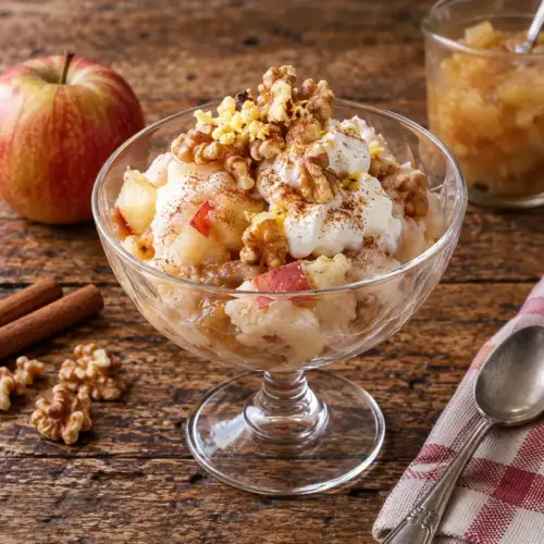 Appeldessert met yoghurt, appelcompote, walnoten, kaneel en mimosasaus