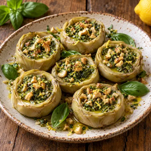 Artisjokbodems gevuld met warme basilicumdressing, geroosterde cashewnoten en citroenrasp.
