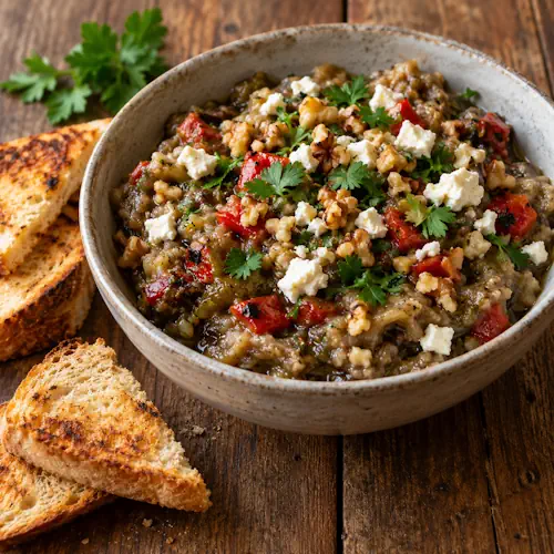 Geroosterde auberginekaviaar met paprika, walnoten, feta en verse peterselie.