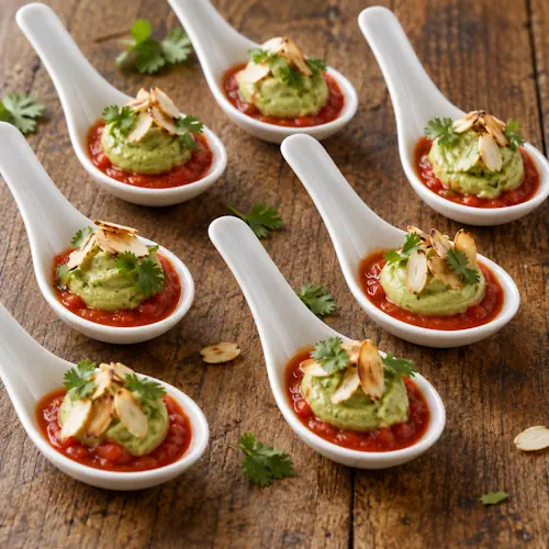Avocadomousse op kruidige tomatensaus, gegarneerd met geroosterde amandelen en koriander.