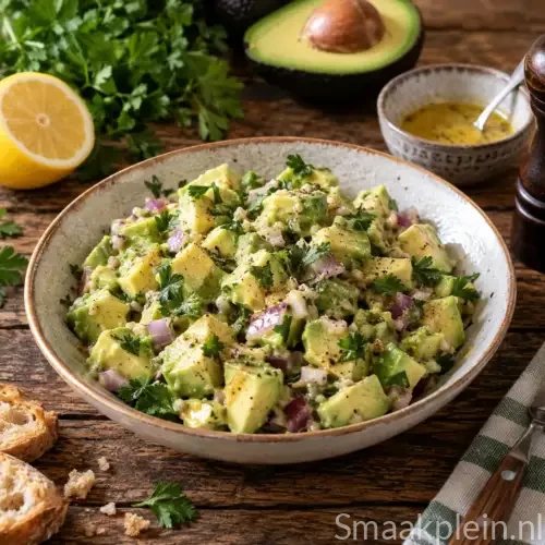 Avocadosalade met garnalen, veldsla, cocktailsaus en citroen