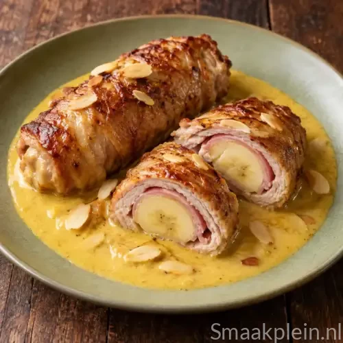 Bananenrolletjes met ham, kip- of varkensfilet en romige kerriesaus met peer