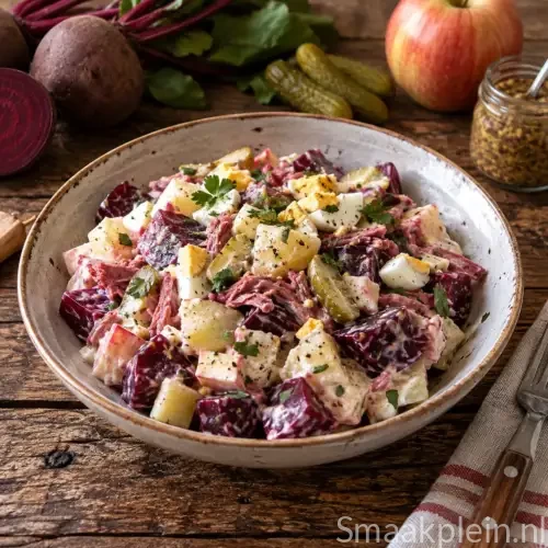 Bietensalade met corned beef, aardappel, appel en augurk