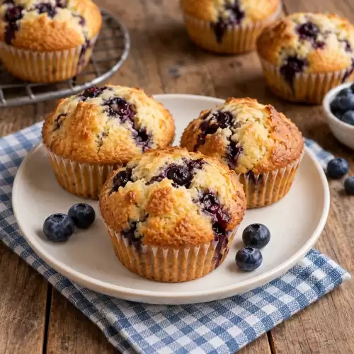 Goudbruine blauwebessenmuffins met zichtbare sappige blauwe bessen.