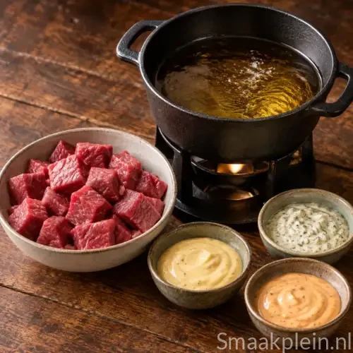 Bourgondische fondue met blokjes malse biefstuk om aan tafel in hete olie te bakken