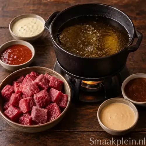 Bourgondische vleesfondue met mals rundvlees, dipsauzen en hete frituurolie