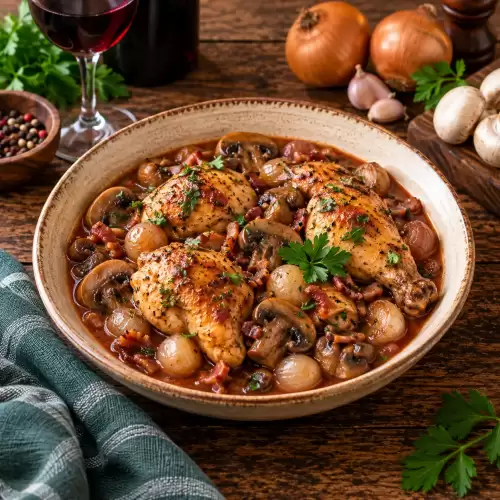 Bourguignon kip met champignons, zilveruitjes en spek in rodewijnsaus op een rustieke houten tafel.