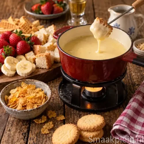 Britse zoete kaasfondue uit de oven met romige cottage cheese en krokante cornflakes