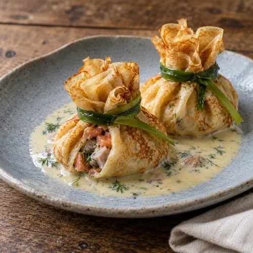 Flensjesbuideltjes met gerookte zalm, paling en dille in romige wittewijnsaus.