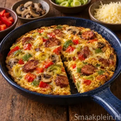 Pittige Cajun-omelet met worst, rode paprika, prei en gesmolten Goudse kaas