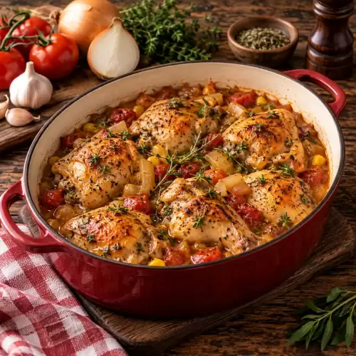 Casserole van kip met tomaat, maïs en ui in een kruidige saus op een rustieke houten tafel.