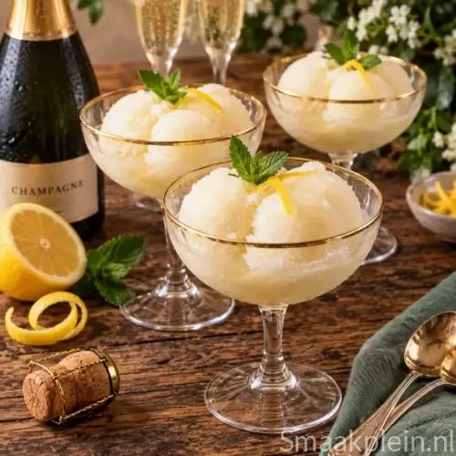Champagnesorbet met rijpe perzik en gekoelde mousserende wijn