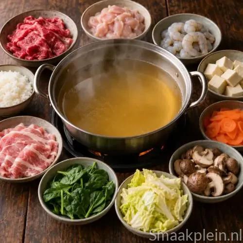 Chinese bouillonfondue met kipfilet, kalfsvlees, varkensvlees, garnalen, groenten en rijst
