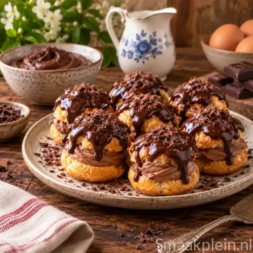 Luchtige chocoladesoezen gevuld met banketbakkersroom en bedekt met pure chocolade