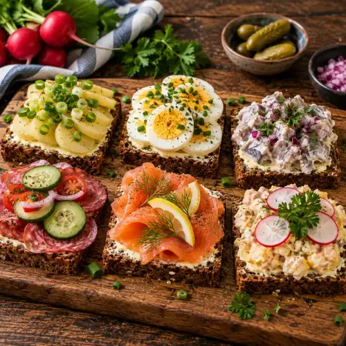Deens smørrebrød met verschillende soorten klassiek beleg van vis, vlees, kaas en ei
