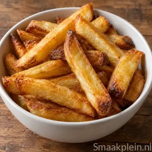 Dikke goudbruine frieten uit de airfryer met een krokante buitenkant