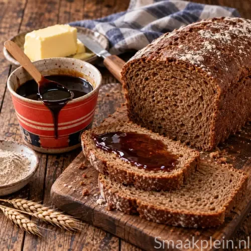 Donker rogge-tarwebrood met appelstroop uit de broodbakmachine met een stevige goudbruine korst en luchtige kruim